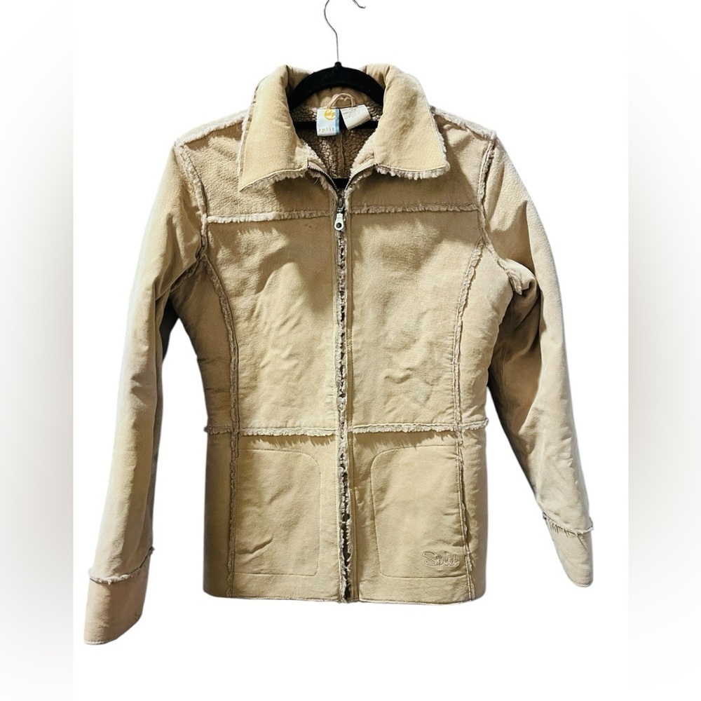 Split 100% Leather Shearling Beige Coat Jacket Size Medium Full Zip Casual Boho